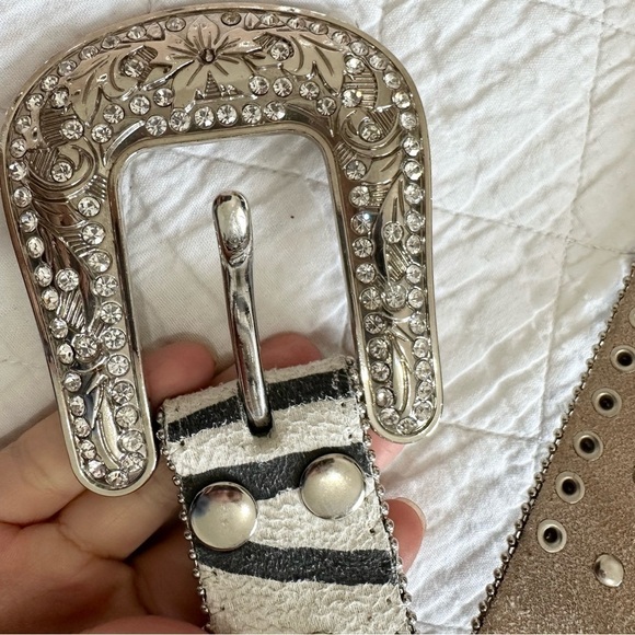 Womens Leather Belt Black White Zebra Print Bling Rhinestone cowgirl - Picture 6 of 7